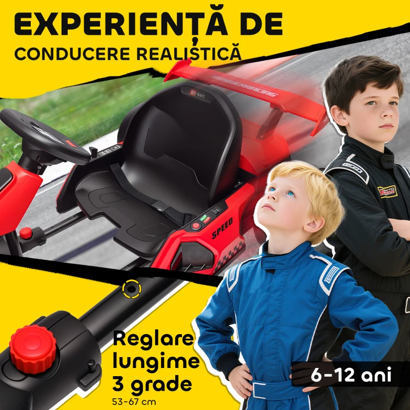HOMCOM Go-Kart Electric pentru Copii cu Scaun Reglabil, 2 Motoare, Claxon, Lumini și Muzică, 120x76x53.5 cm, Roșu(m-5)