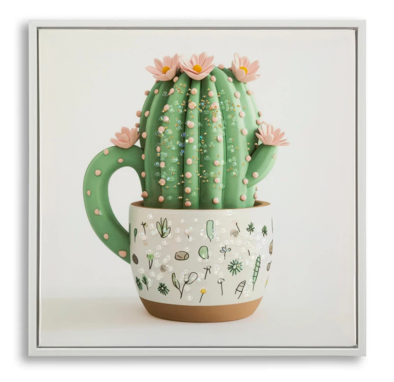 Mauro Ferretti Tablou Imprimat Pe Pânză Lacuită, Cu Ramă, Model «Borcan Cu Cactus», Orientare Orizontală, Dimensiuni 40 X 2,8 X 40 Cm