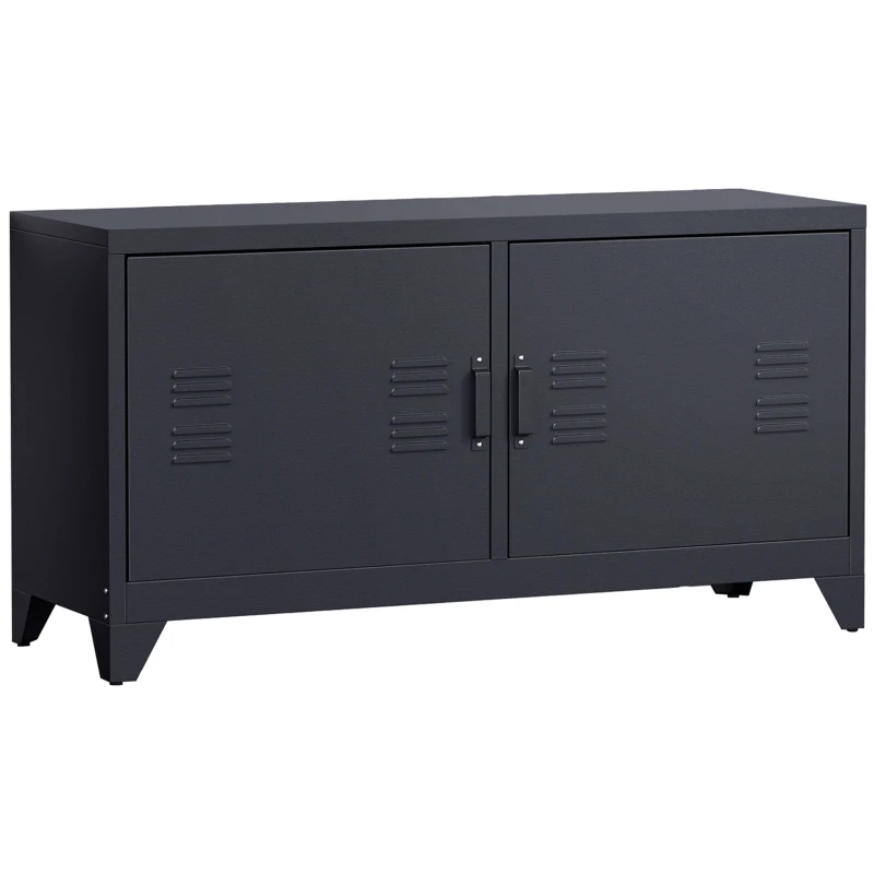 HOMCOM Suport TV banc televizor design industrial 2 dulapuri cu 2 rafturi reglabile treceri pentru cabluri structura otel negru