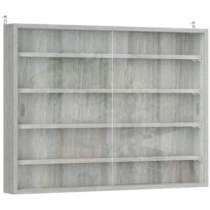 HOMCOM Vitrină de perete pentru obiecte de colecție 5 rafturi reglabile în înălțime și 2 uși glisante 80 x 9,5 x 60 cm gri