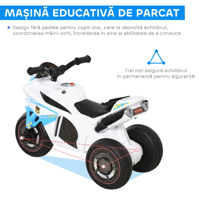 HOMCOM Motocicletă pentru Copii 18-36 Luni cu 3 Roți, Muzică și Faruri, 74x39x48 cm, Albastru Deschis