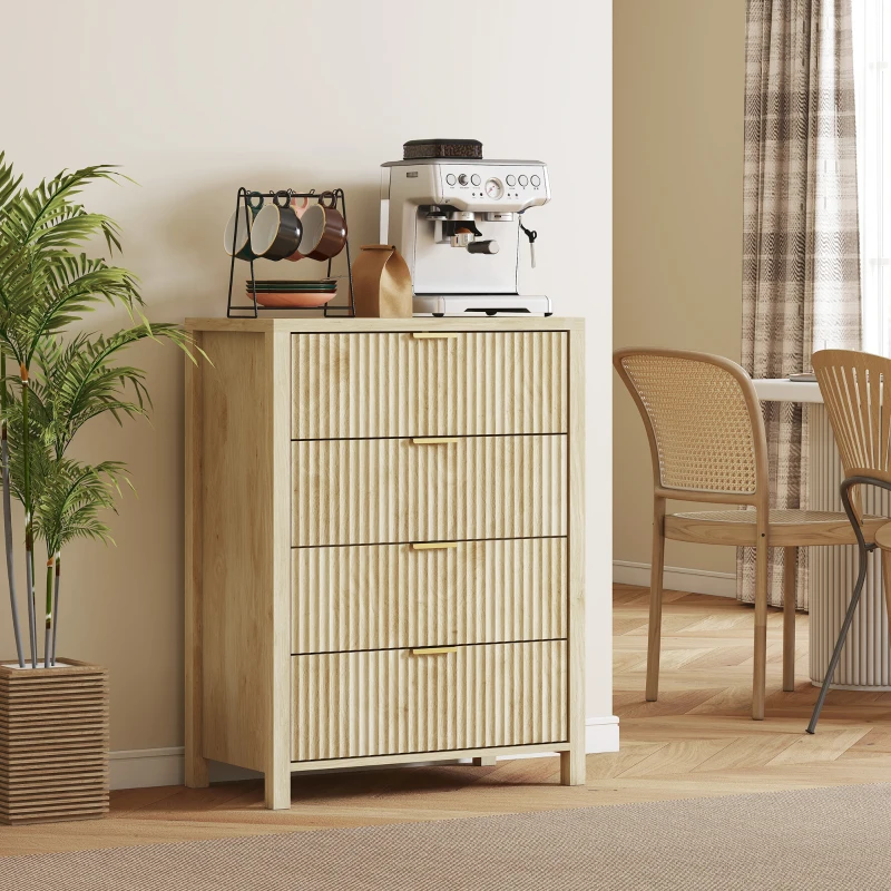 HOMCOM Commode avec 4 Tiroirs Rainurés et Poignées Dorées, 70x38x93 cm, Bois Naturel