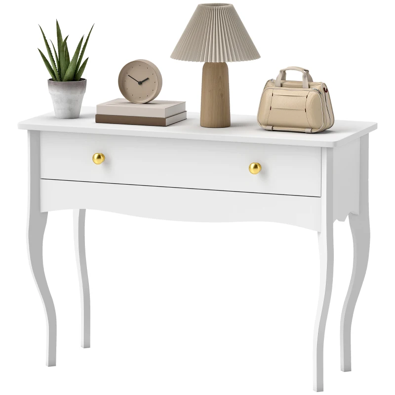 HOMCOM Coiffeuse avec grand tiroir et pieds cabriole, bureau coiffeuse pour chambre à coucher, 100 x 40 x 74 cm, blanc