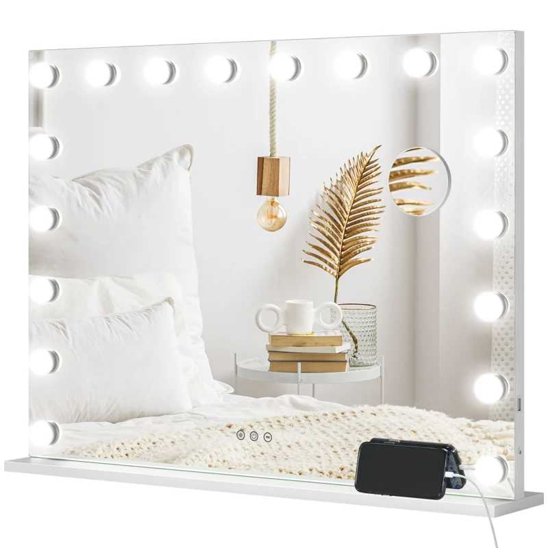 HOMCOM Espelho de Maquiagem LED Luminoso com Intensidade Ajustável e Espelho de Aumento para Porta de Carga USB 80x62 cm