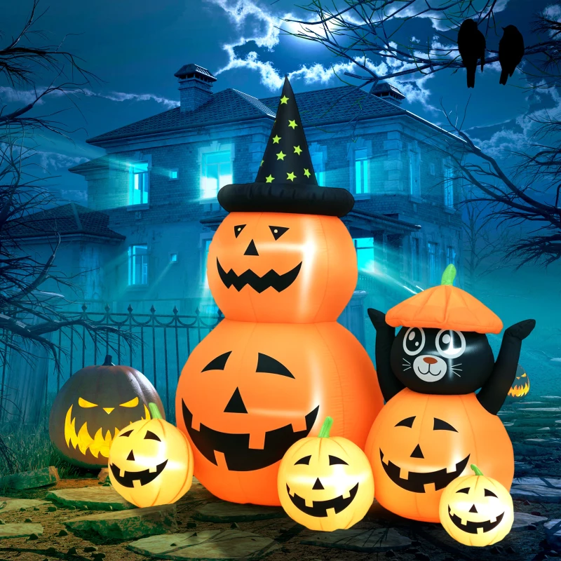 Outsunny Aufblasbarer Halloween-Kürbis mit Katze von 6 Fuß mit LED-Lichtern IP44 und Inflator für Partys 160x100x180 cm Orange