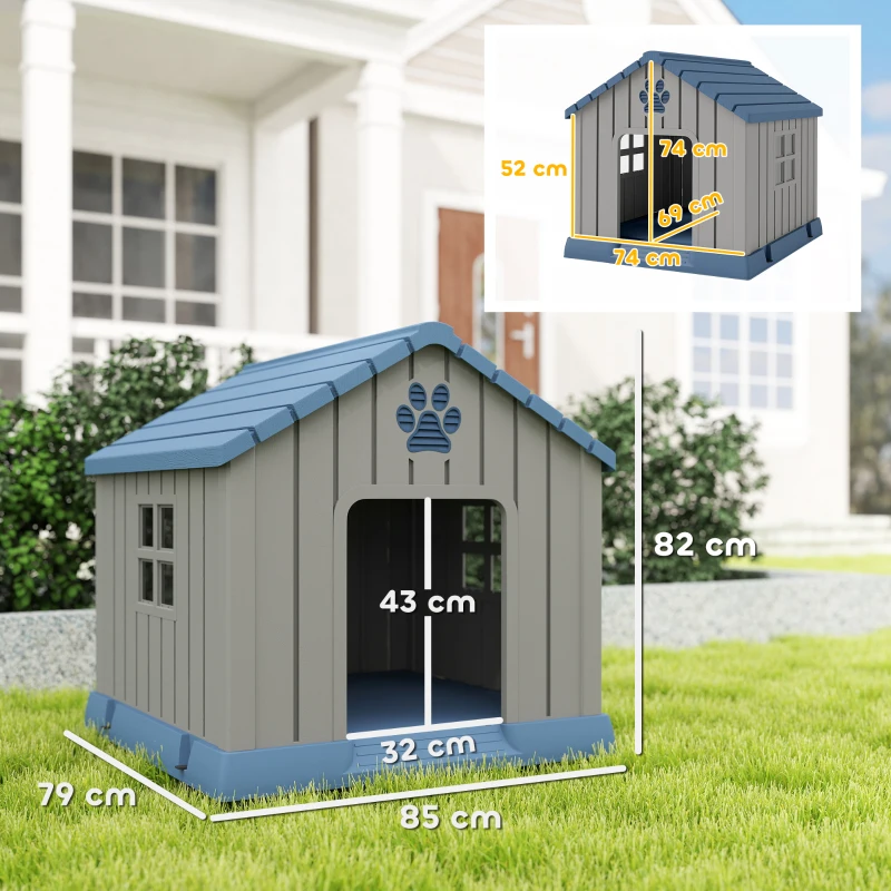 Pawhut Casota para Cão Exterior Casa para Cão Exterior Ventilações em Forma de Pata e Base Elevada 85x79x82 cm Azul