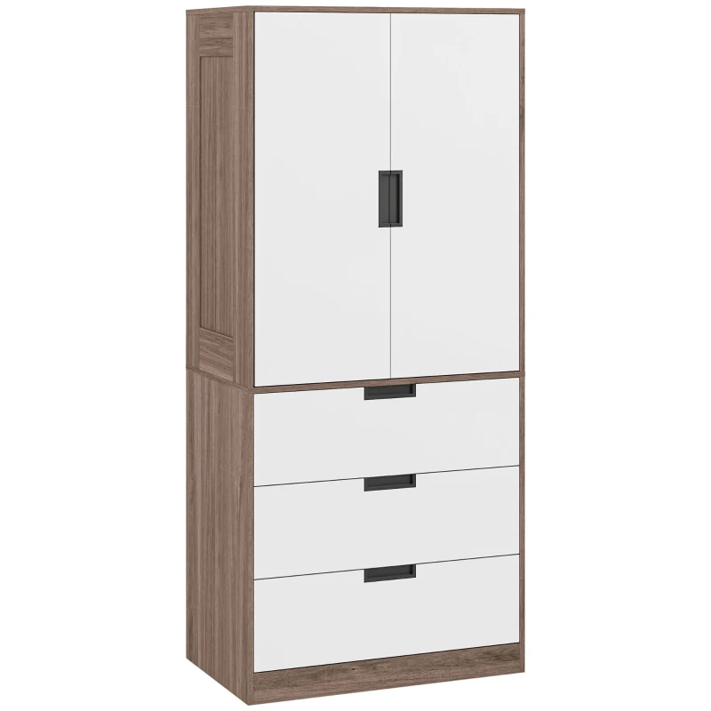 HOMCOM Armário 2 Portas Armário Moderno com 3 Gavetas e Barra para Pendurar para Quarto Marrom