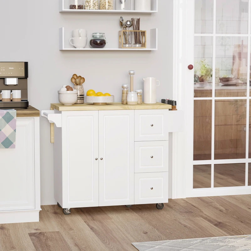 HOMCOM Ilha de Cozinha com Tampo Rebatível 3 Gavetas 1 Armário Porta-Panos e Porta-Especiarias 111,5x75x89 cm Branco