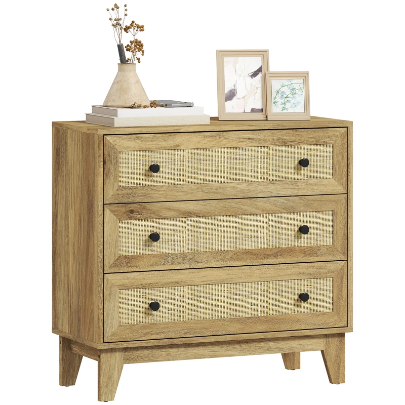 HOMCOM Comoda cu 3 Sertare Comoda de Lemn cu Frontale din Ratan Stil Cannage pentru Dormitor 80x35x76 cm Natural