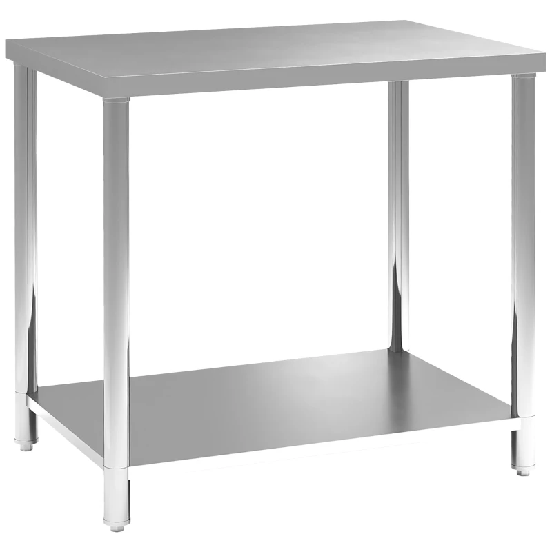 HOMCOM Mesa de Trabalho em Aço Inox 2 Prateleiras para Cozinha Garagem Jardim 90x60x86 cm Prateado