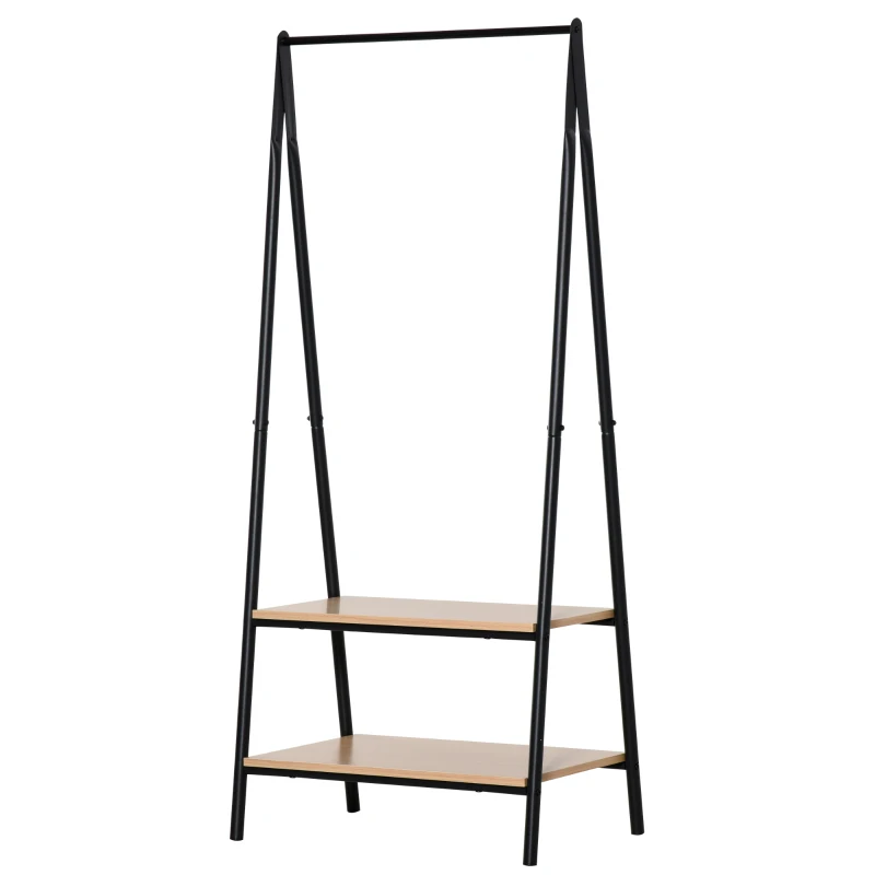 HOMCOM Suport pentru haine și pantofi, 2 rafturi MDF, dim. 64L x 43l x 149H cm, oțel negru, lemn deschis.