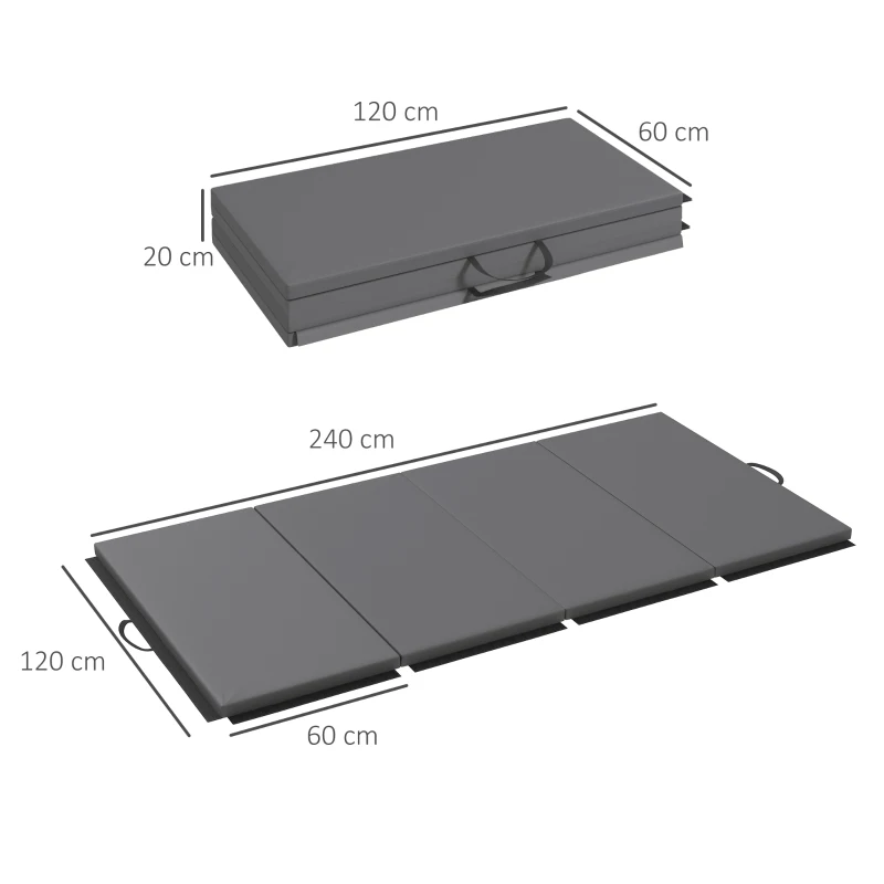 HOMCOM Tapete de Ginástica Yoga Pilates Fitness Dobrável em 4 com Material sintético Pegas 240x120x5 cm Cinzento