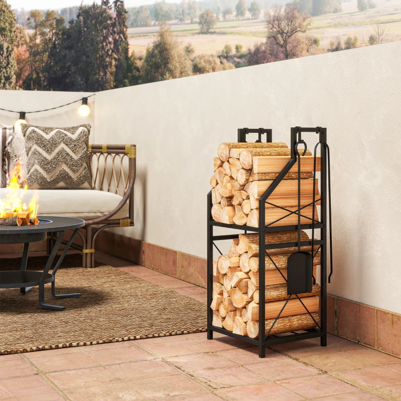 Outsunny Portalegna in Metallo a 2 Livelli con 4 Ganci per Attrezzi 34x30x80 cm Nero