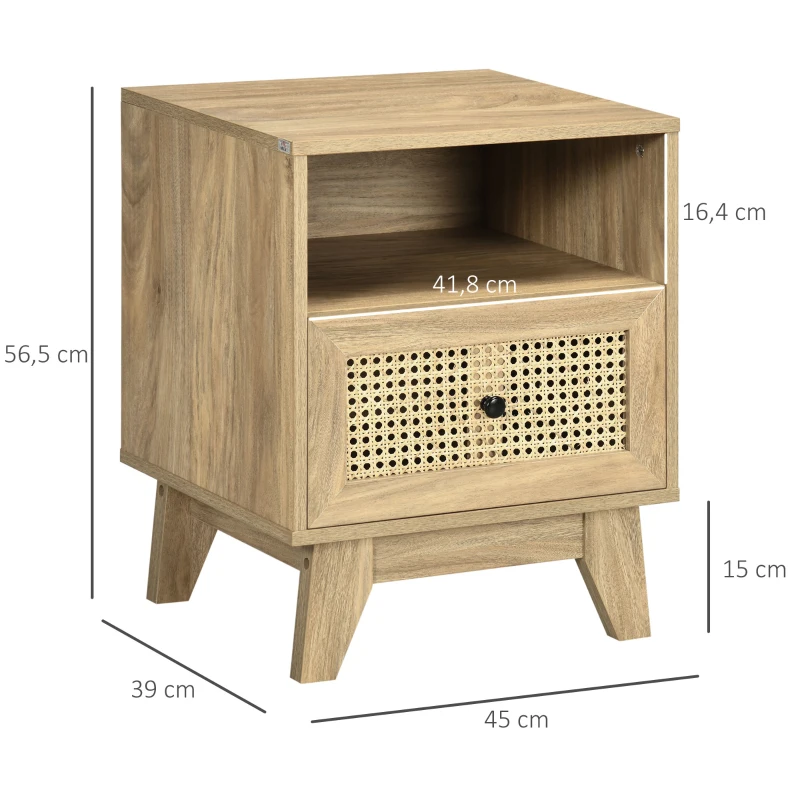 HOMCOM Masuță de noapte cu sertar, ușă împletită din rattan și raft de depozitare vintage 45 x 39 x 56,5 cm