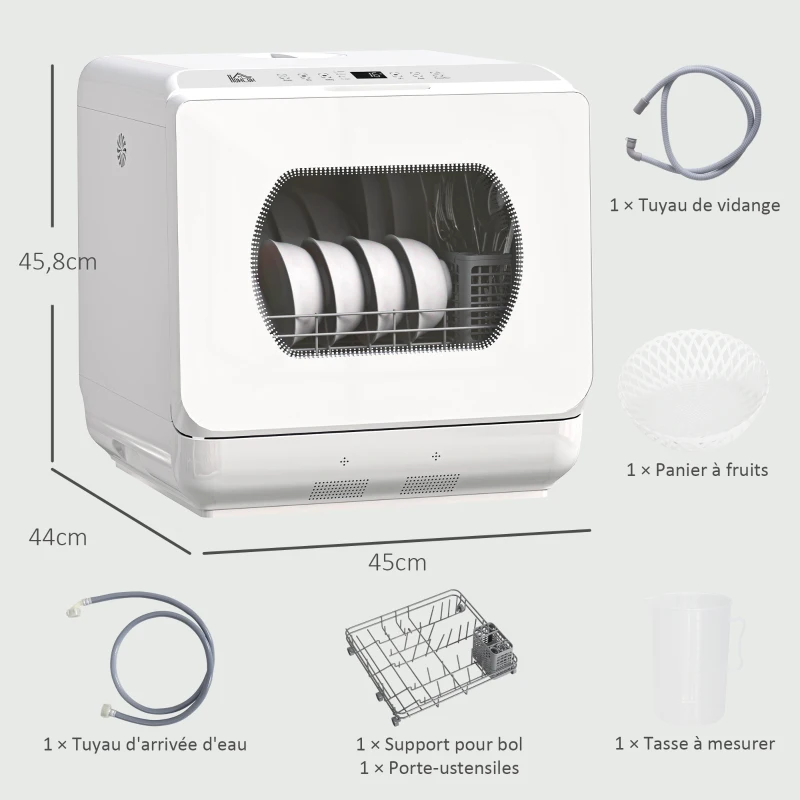HOMCOM Mini lave-vaisselle 4 couverts 5 programmes réservoir d'eau 6L commande tactile affichage LED 45 x 44 x 45,8 cm blanc