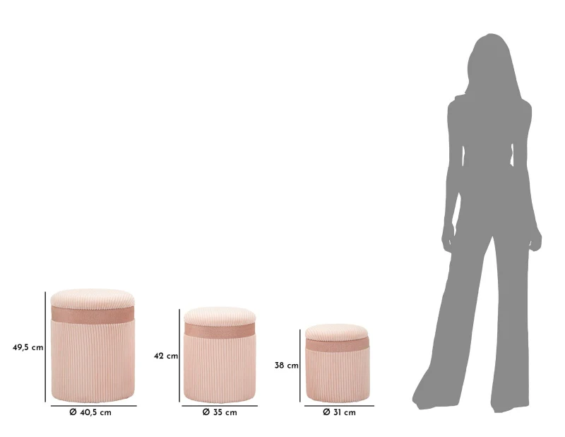 Mauro Ferretti Set De 3 Pufuri Cu Spatiu De  Depozitare, Roz, Cm Ø 40,5X49,5-35X42-31X36