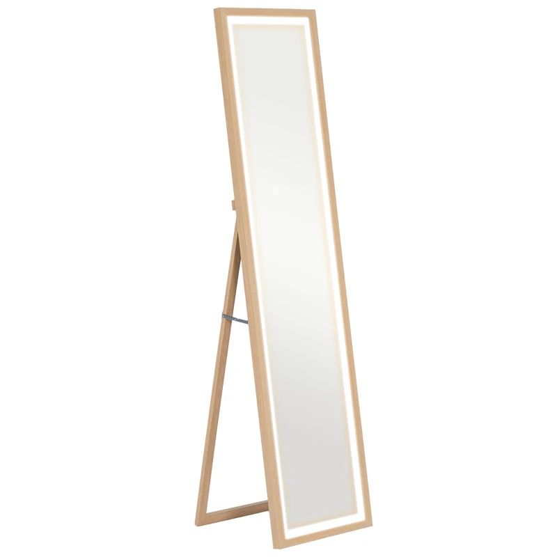 HOMCOM Grande specchio da terra, specchio da parete o da terra rettangolare, 40 x 160 cm con illuminazione a LED 3 colori, rovere
