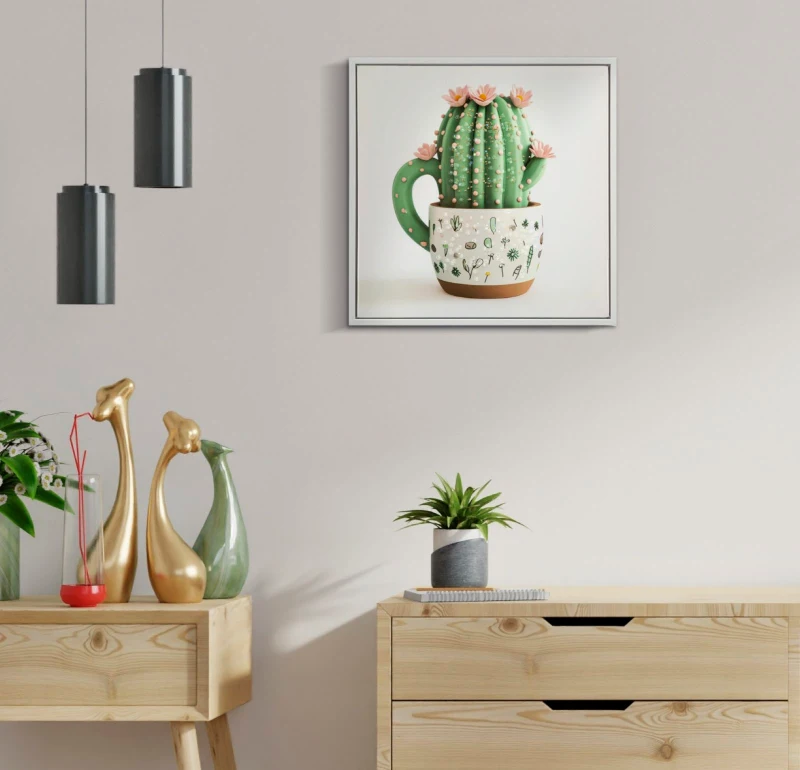 Mauro Ferretti Tablou Imprimat Pe Pânză Lacuită, Cu Ramă, Model «Borcan Cu Cactus», Orientare Orizontală, Dimensiuni 40 X 2,8 X 40 Cm