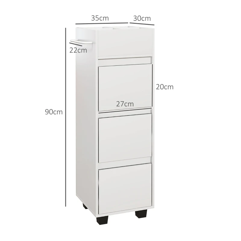 HOMCOM Mobilier de depozitare pentru baie cu 4 compartimente, 3 sertare și suport pentru prosoape, dim. 35 x 30 x 90 cm, alb