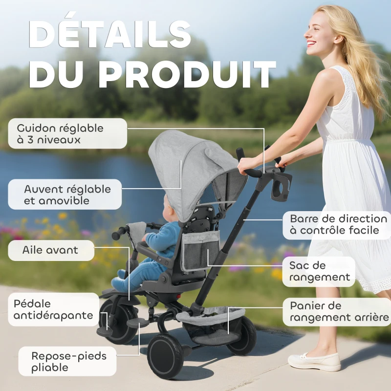 AIYAPLAY Triciclu bebeluș evolutiv 6 în 1, triciclu copil pliabil cu mânere pentru părinți reglabile, scaun pivotant 360°, gri