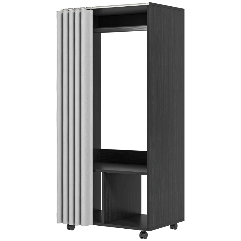 HOMCOM Armário Guarda-roupa Armário Móvel para Arrumação com Cortina Painéis de Partículas Barra de Suspensão Preto