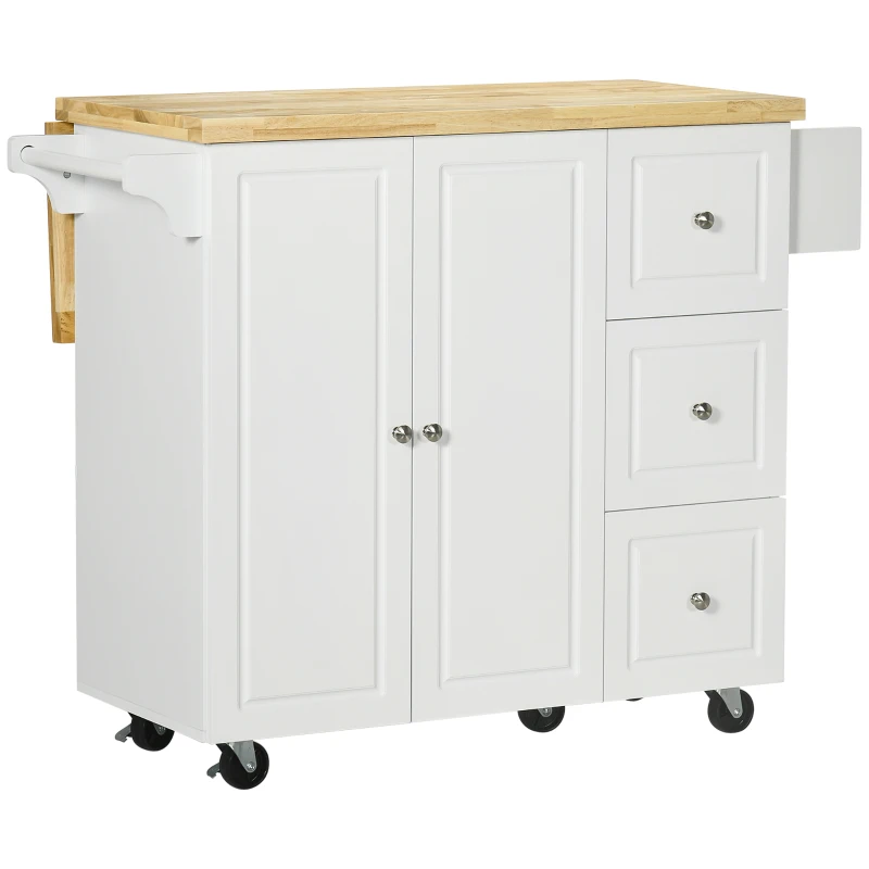 HOMCOM Ilha de Cozinha com Tampo Rebatível 3 Gavetas 1 Armário Porta-Panos e Porta-Especiarias 111,5x75x89 cm Branco