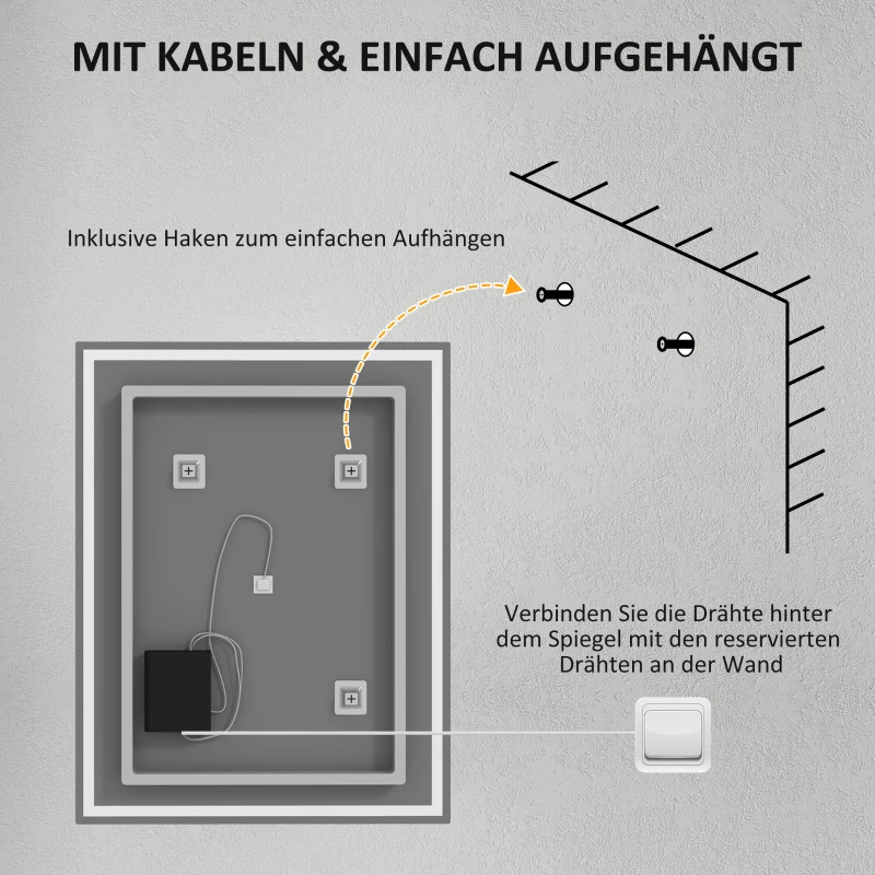 HOMCOM Oglinda de baie cu iluminare 90x70 cm LED Spiegel Wandspiegel cu functie de memorie 3 culori Argintiu