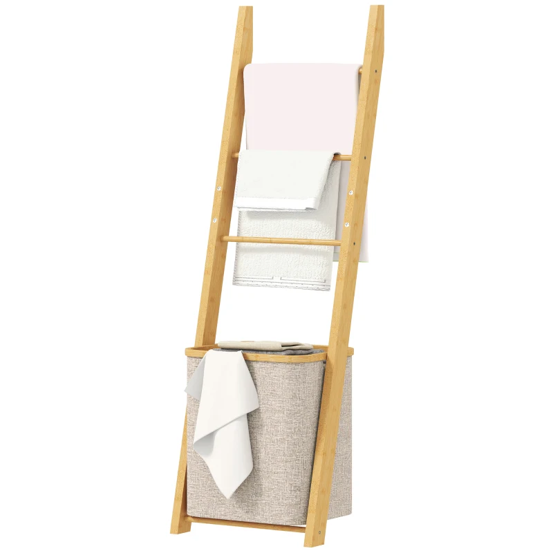 HOMCOM Étagère pour Salle de Bain en Bambou Porte-Serviettes sur Pied avec 3 Barres Panier à Linge Amovible de 48 L Crème
