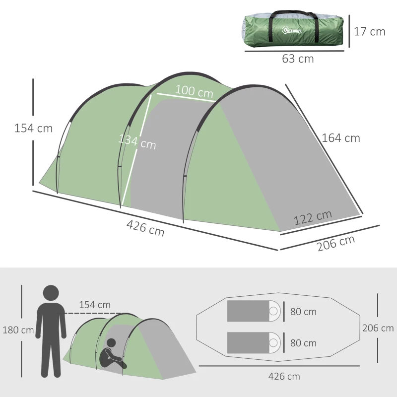 Outsunny Tent voor 3-4 personen 190T tunneltent kampeertent glasvezel donkergroen(m-3)