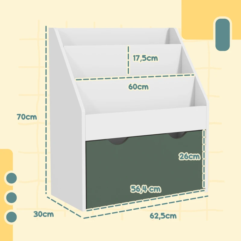 AIYAPLAY Bibliotecă pentru copii, depozitare multiplă cu 3 nivele de rafturi și un sertar, 62,5L x 30l x 70H cm, verde