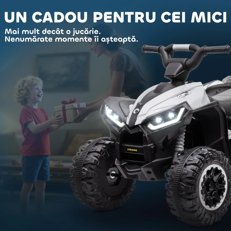 HOMCOM ATV Electric pentru Copii, Motocicletă pentru Copii cu Motor Dublu, 2 Viteze, Roți Late și Faruri LED, 83x53x55.5 cm, Alb(m-8)