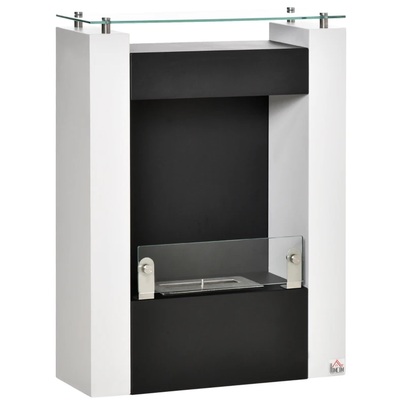 HOMCOM Lareira a Bioetanol Queimador 1,5 L Prateleira de Armazenamento em Vidro Temperado 3H Combustão 60x20x79 cm Aço Preto e Branco