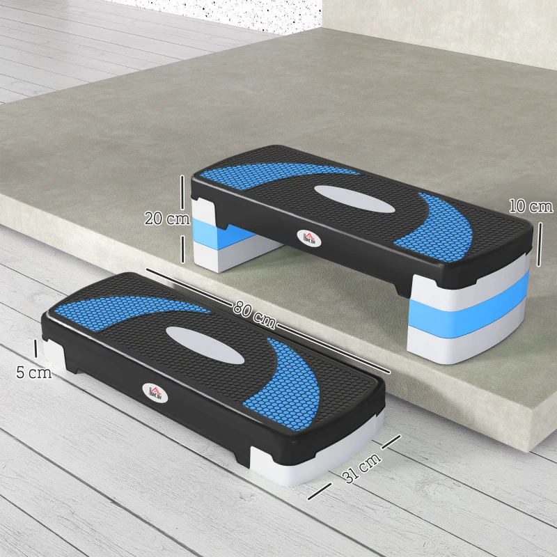 HOMCOM Step de Aeróbic Step para Fitness Antideslizante con Altura Regulable 3 Niveles de 10/15/20 cm Tabla Plataforma Stepper para Ejercicio en Casa Gimnasia Carga 150 kg 80x31x20 cm Azul y Negro