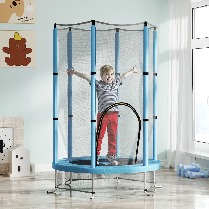 AIYAPLAY Trampolină pentru copii Ø140 cm, trampolină exterioară pentru copii 3-6 ani cu plasă de siguranță ușă cu fermoar bleu clair