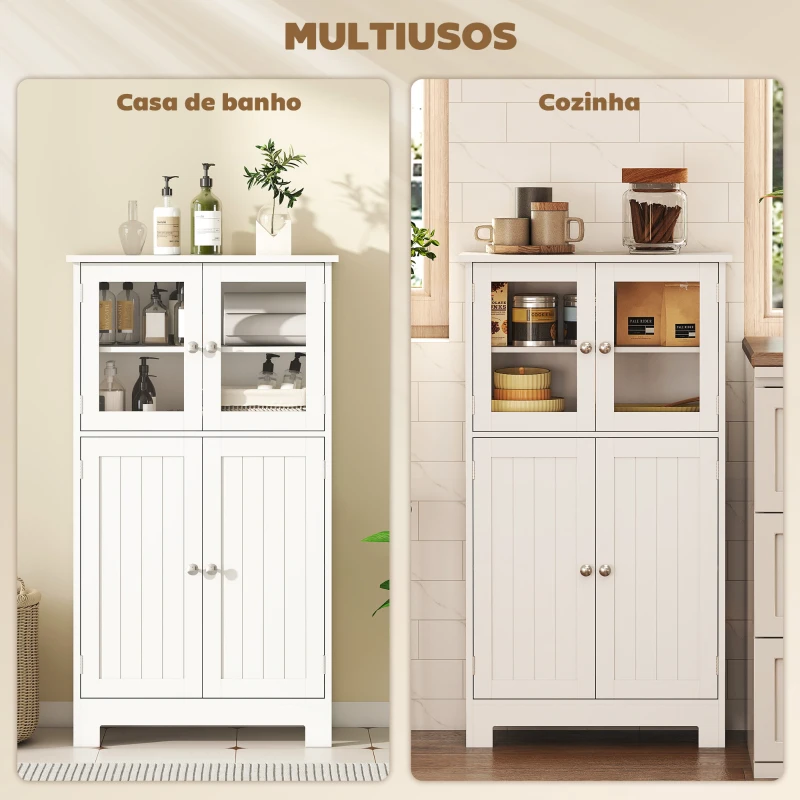 kleankin Armário Casa de Banho Móvel Auxiliar com Portas de Vidro Temperado e Prateleiras Ajustáveis 60x30x108,5cm Branco