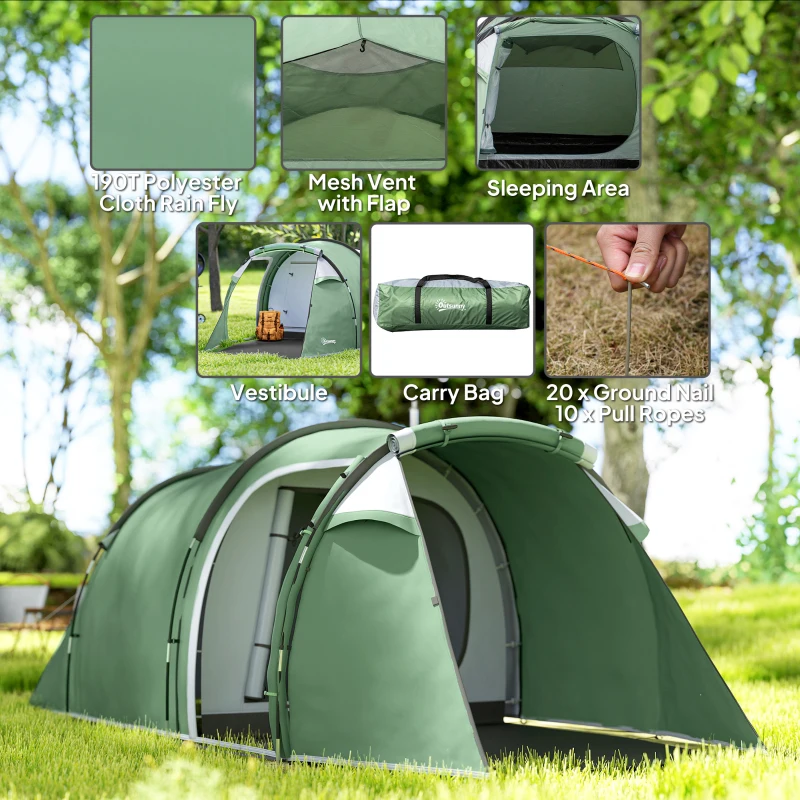 Outsunny Tent voor 3-4 personen 190T tunneltent kampeertent glasvezel donkergroen(m-5)