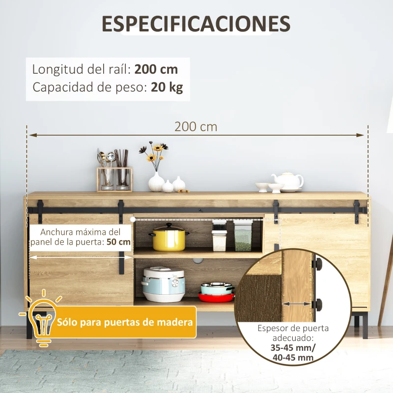 HOMCOM Herrajes Puertas Correderas 200 cm para Puerta Corredera Doble de Madera Ancho 50 cm Mueble de TV Armario Negro
