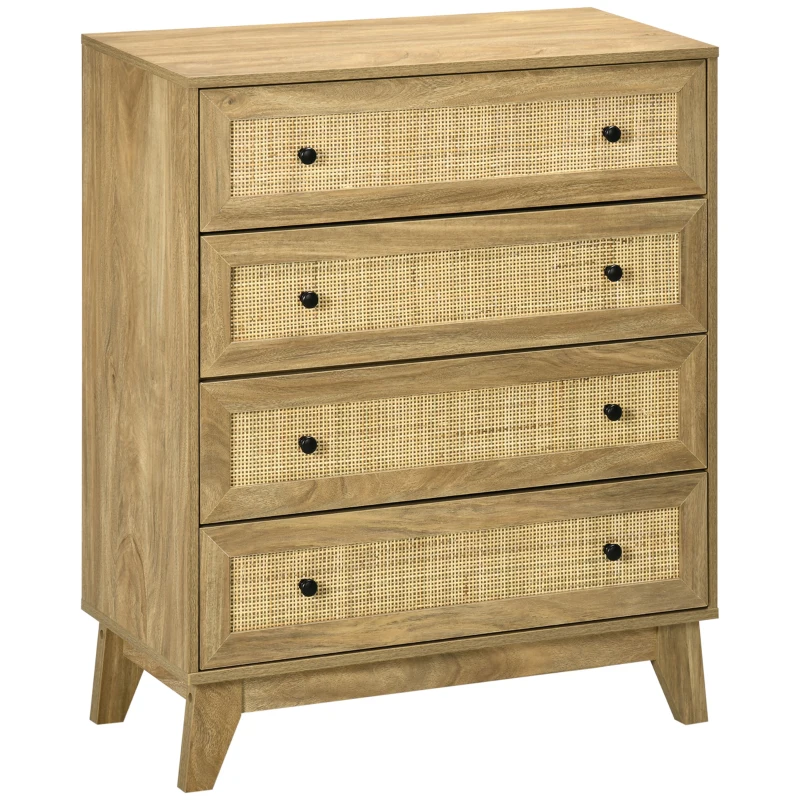 HOMCOM Cómoda cu 4 Sertare Comoda de Lemn cu Fronturi de Ratan Stil Cannage pentru Dormitor 80x35x95 cm Natural