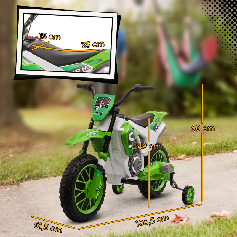 HOMCOM Moto Cross électrique pour Enfant 3 à 5 Ans 12 V 3-8 Km/h avec roulettes latérales Amovibles dim. 106,5L x 51,5l x 68H cm Vert(m-3)