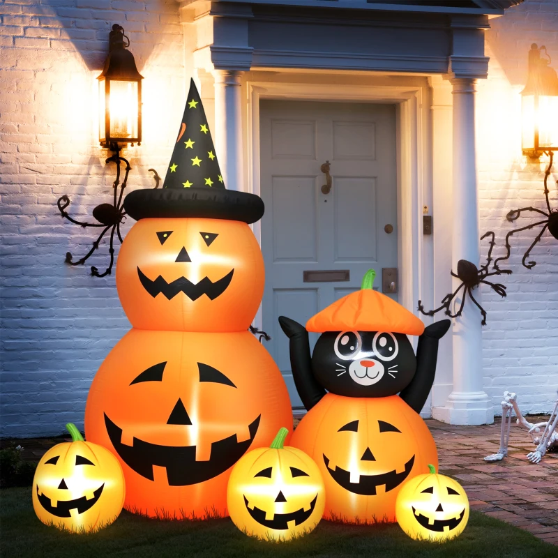 Outsunny Aufblasbarer Halloween-Kürbis mit Katze von 6 Fuß mit LED-Lichtern IP44 und Inflator für Partys 160x100x180 cm Orange