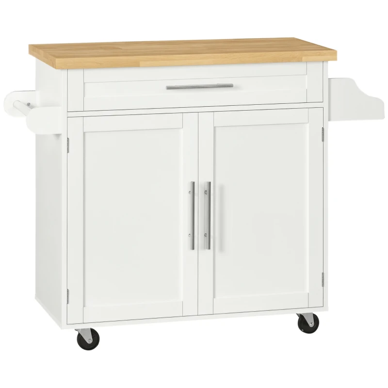HOMCOM Cărucior de bucătărie Servie, Insulă de bucătărie, 1 Suport pentru condimente, 1 Suport pentru prosoape, 109 cm x 40 cm x 89 cm, Alb