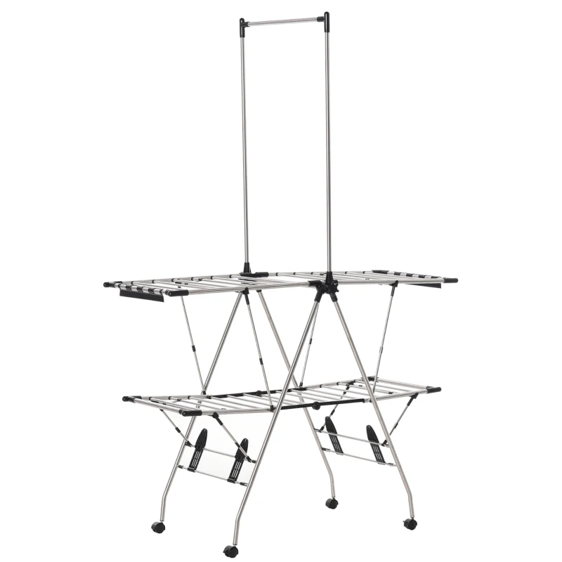 HOMCOM Varal de Roupa Secador Dobrável com Rodas Grande Espaço de Secagem Aço Inoxidável 138,5x63x208 cm Prata Preto