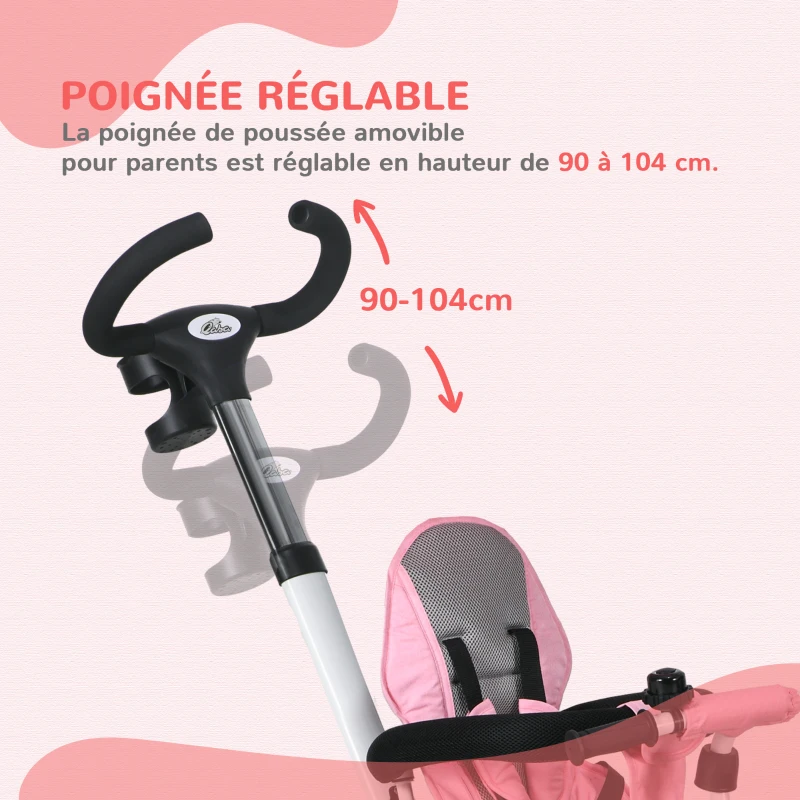 HOMCOM Tricycle bébé évolutif 6 en 1, tricycle enfant pliable, poignée parentale, siège réversible, 112x50x104cm, rose