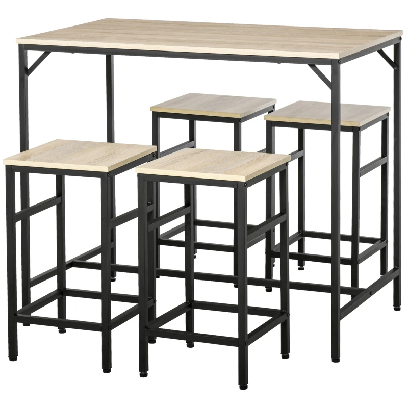 HOMCOM Set Masă de Bar Industrial + 4 taburete cu suport pentru picioare din lemn culoare Stejar Deschis Cadrul negru metalic