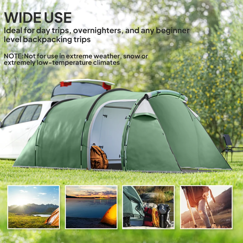Outsunny Tent voor 3-4 personen 190T tunneltent kampeertent glasvezel donkergroen(m-4)