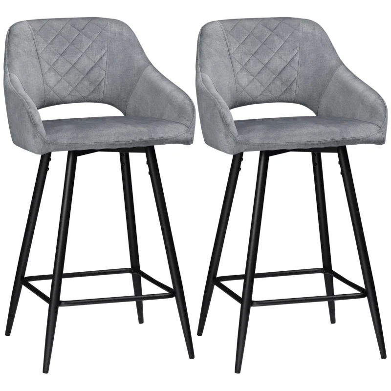 HOMCOM Conjunto de 2 Bancos de Bar Cadeiras Altas Efeito Veludo e Aço Preto com Apoio para os Pés e Braços Altura 67 cm Cinzento