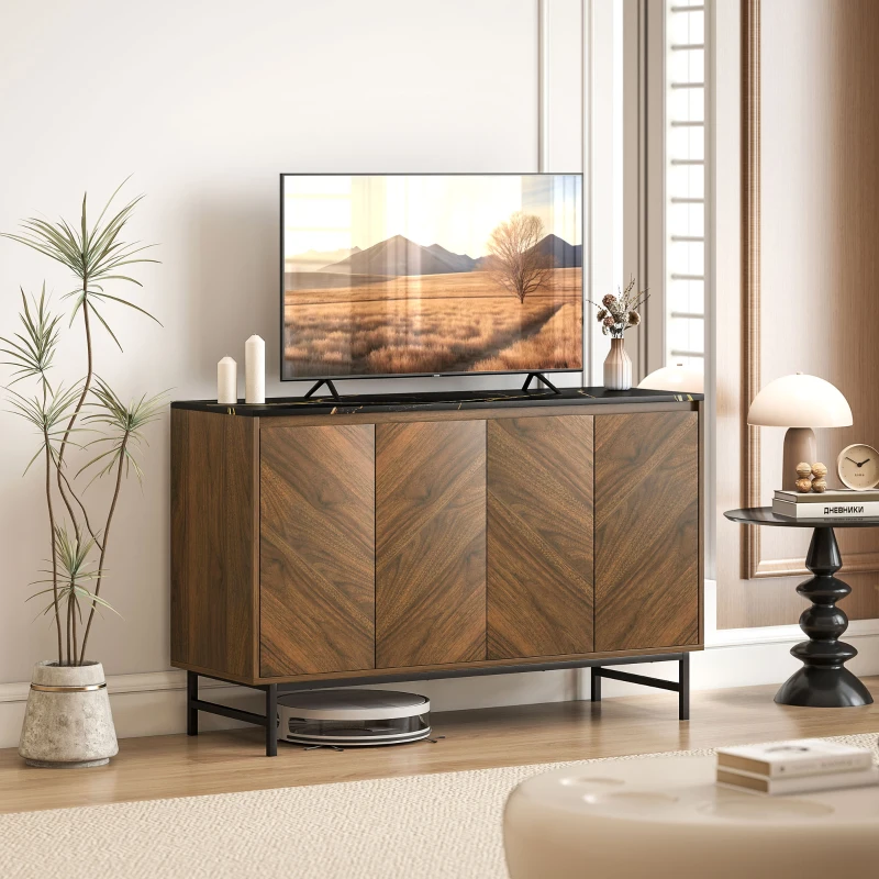 HOMCOM Meuble TV, meuble télé avec 4 portes, plateau effet marbre, étagères réglables, 120x39x76cm, noyer
