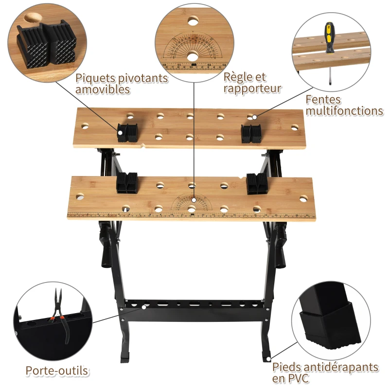 HOMCOM Établi pliant établi de serrage avec 4 serre-joints table de travail, charge 150 kg, 63,5x60,5x78cm, noir