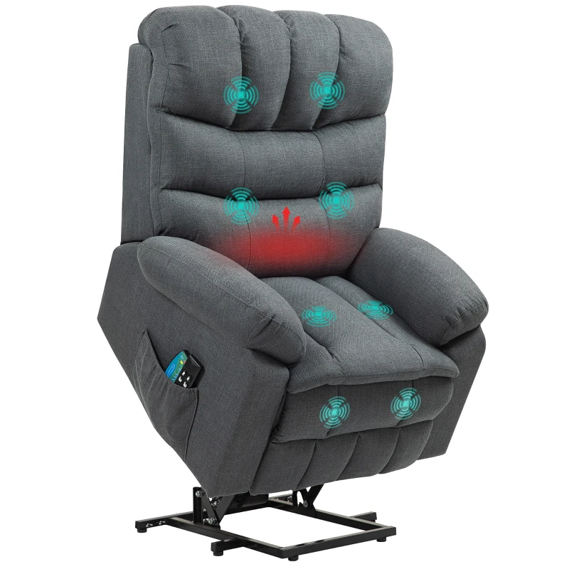 HOMCOM Fotoliu de ridicare, fotoliu electric de relaxare cu funcție de masaj, fotoliu capitonat cu funcție de ridicare, oțel, material textil, Gri