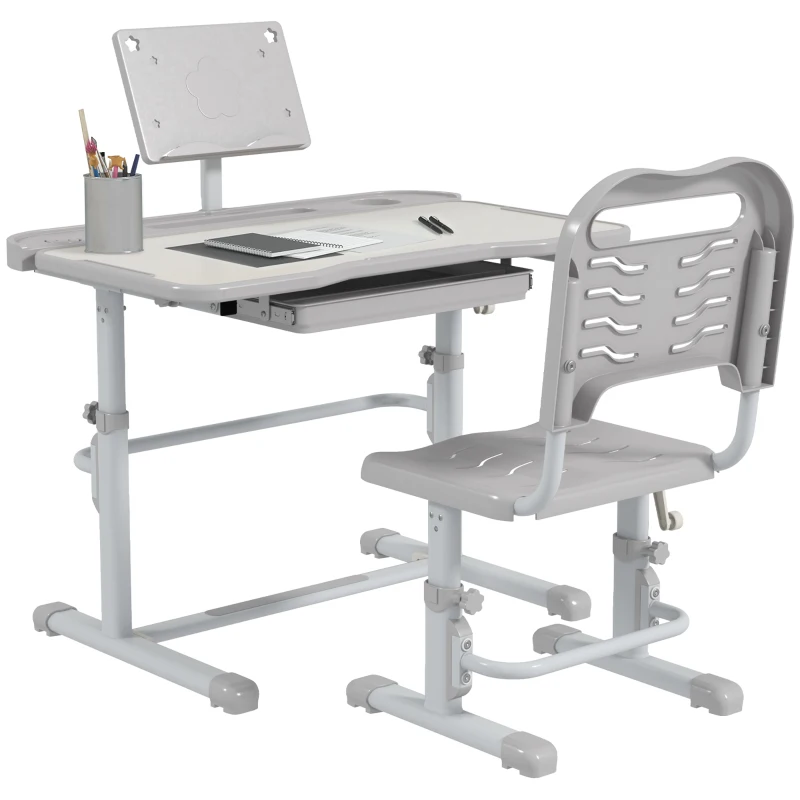 ZONEKIZ Pupitre Infantil Ajustable con 1 Cajón 1 Estante para Libros y Ángulo de Mesa Ajustable 80x49,5x82-104 cm Gris y Blanco